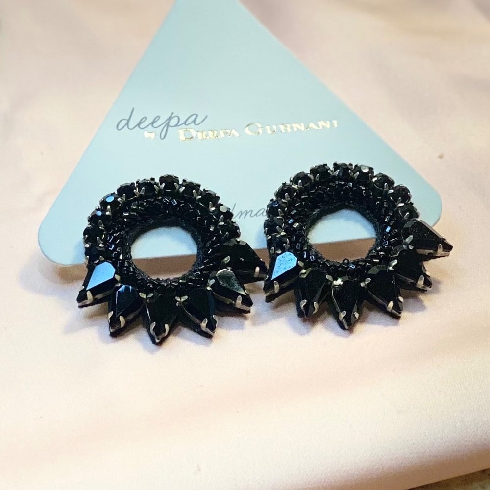 Deepa Gurnani Black Crystal and Bead Earrings